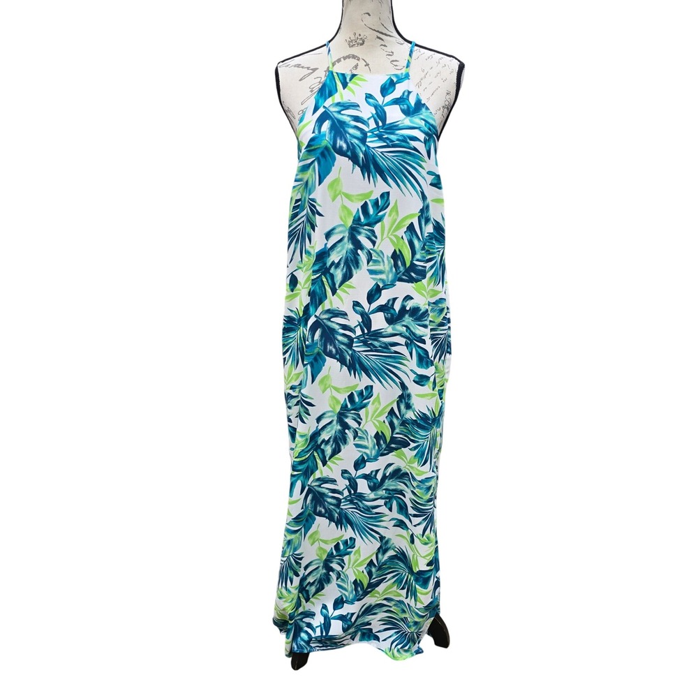 Gilli‎ 15G Women's White Tropical Leaf Print Halter Neck Maxi Dress - Size M